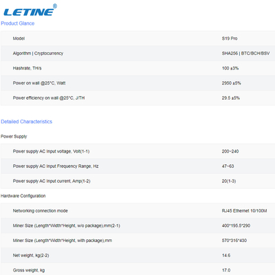 Van de Machtsasic van de Bitcoinmijnwerker S19 Pro100t Bitmain Antminer S19Pro 110T 104T 29.5J/T het Blokketen Mijnwerker