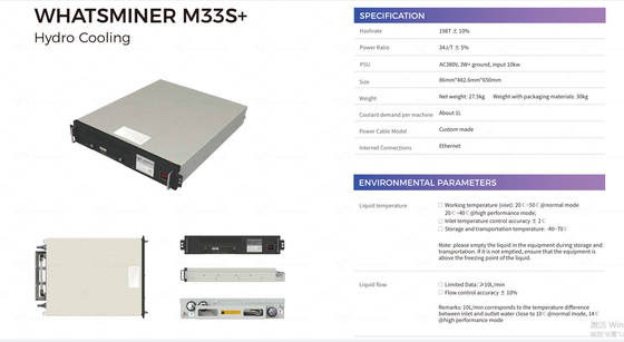 Het Algoritmemijnwerker van de WhatsMinerm33s++ 198T 220T Hydroasic Mijnwerker AC380V sha-256