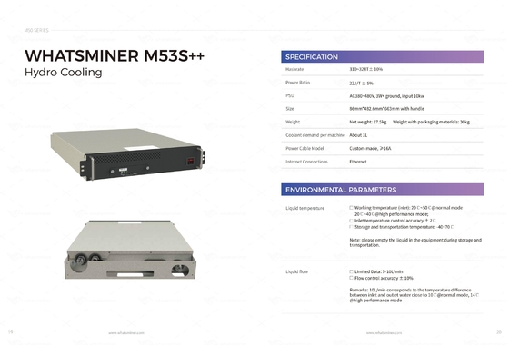 Hydro het Koelen Whatminer M53S++ 310T 328T BTC Mijnbouwmachine Waterkoeling