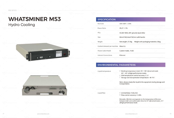Hydro Koel de Waterkoelingsbitcoin ASIC Mijnwerker van Whatsminer M53S++ 310T 22j/T