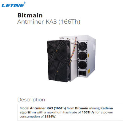 Voorraad KDA Miner Bitmain Antminer KA3 166T 3154W Energieverbruik