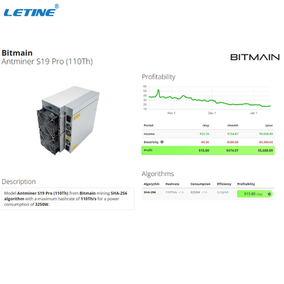 Gloednieuwe Pro110t S19J Pro104t 100T 96T Asic Bitcoin de Mijnbouwmachine van Bitmain Antminer S19Pro 110T S19