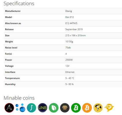 De Mijnwerker E12 vierenveertigste 2500 Watts sha-256 van BTC Ebang Ebit Wit