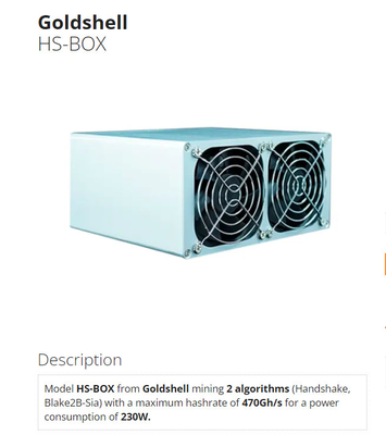HS-doos Asic-Mijnwerker Goldshell Algorithm Handshake blake2B-Sia 470Gh 230W