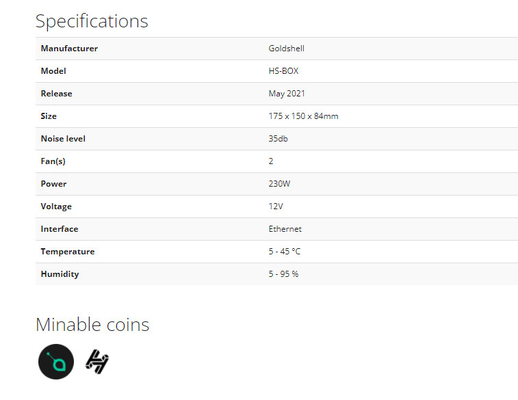 HS-doos Asic-Mijnwerker Goldshell Algorithm Handshake blake2B-Sia 470Gh 230W