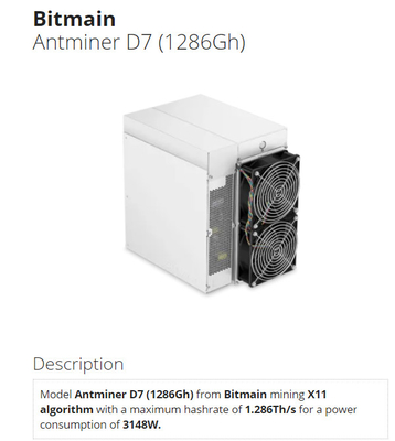 het Streepje X11 1.286Th 3148W 75db van 1286Gh Bitmain Antminer D7