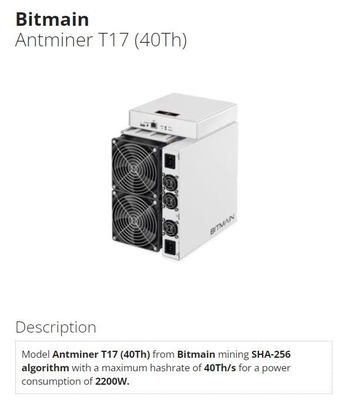 Bitmain Asic die Antminer SHA256 Antminer T17 40T 7nm 2200W BTC Bitcoin 55 W/T ontginnen