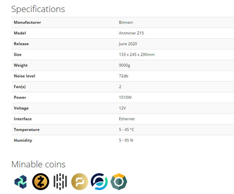 De mijnwerker van Asicbitmain Antminer Z15 420ksol/s voor het muntstuk van de mijnbouwzec Stilte in voorraad