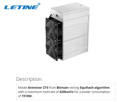 De mijnwerker van Asicbitmain Antminer Z15 420ksol/s voor het muntstuk van de mijnbouwzec Stilte in voorraad