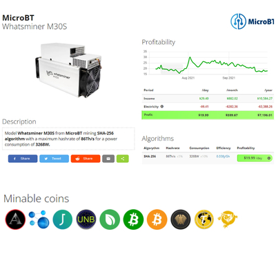 Het Algoritme van M30S+ 100Th/S Microbt Whatsminer M30s++ 112T M30S 86Th/S sha-256