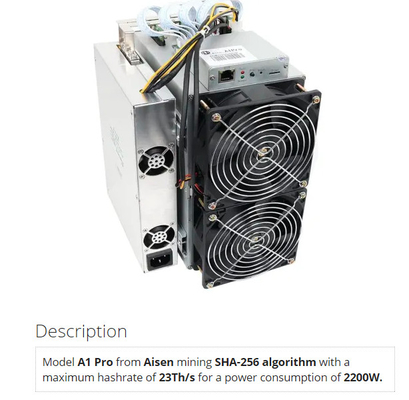 SHA 256 de Mijnwerker Aisen A1 Pro23th/s 26T/S 2200W van Algoritmebitcoin Asic