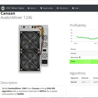 3420W Avalon Asic Miner Avalon 1246 het 90Th 87TH Algoritme van SHA 256
